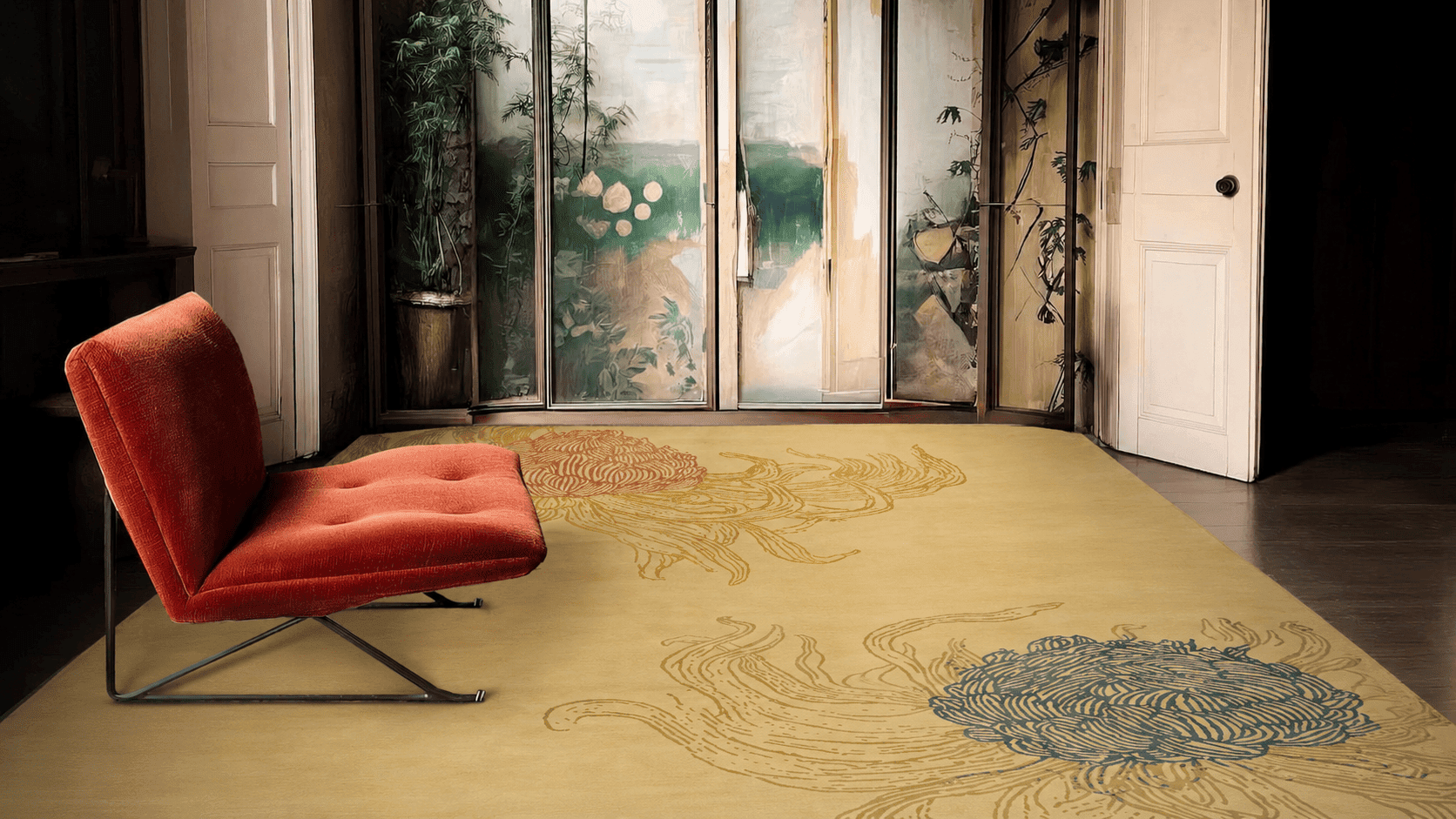 CHRYSANTHEMUM TUMBLE INDIGO RUST installation in a serene lounge area