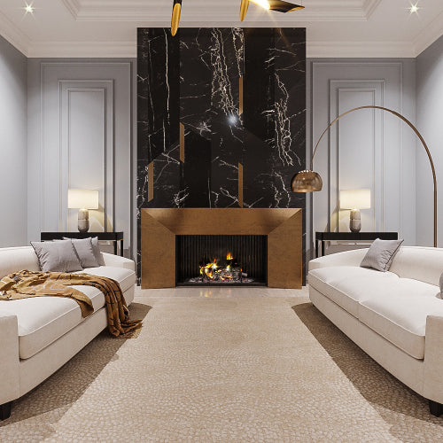 Modern living room with a Tufenkian carpet.