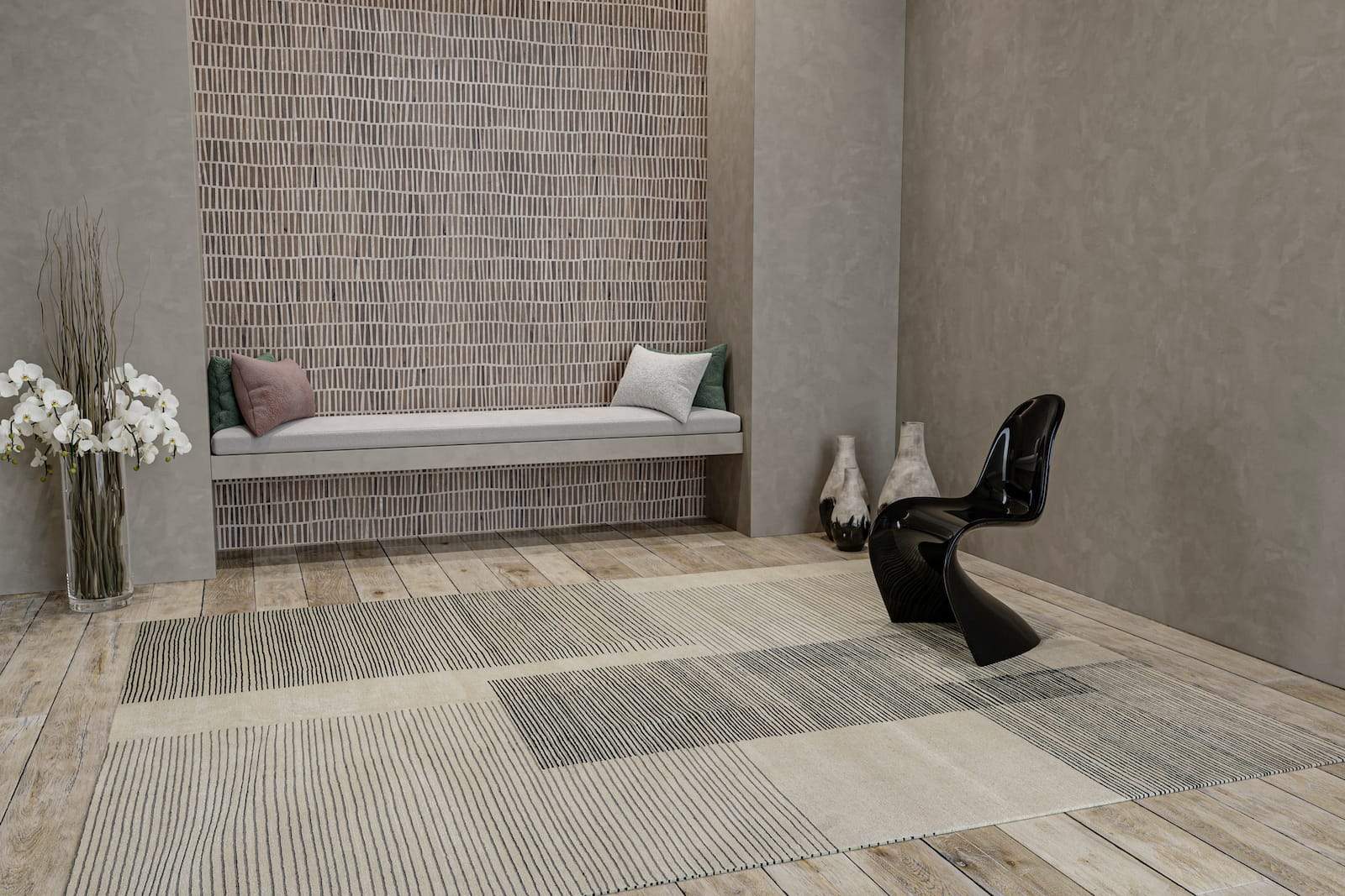 Lifestyle shot of Sketch Pad White Black, a hand knotted rug designed by Tufenkian Artisan Carpets. room-image