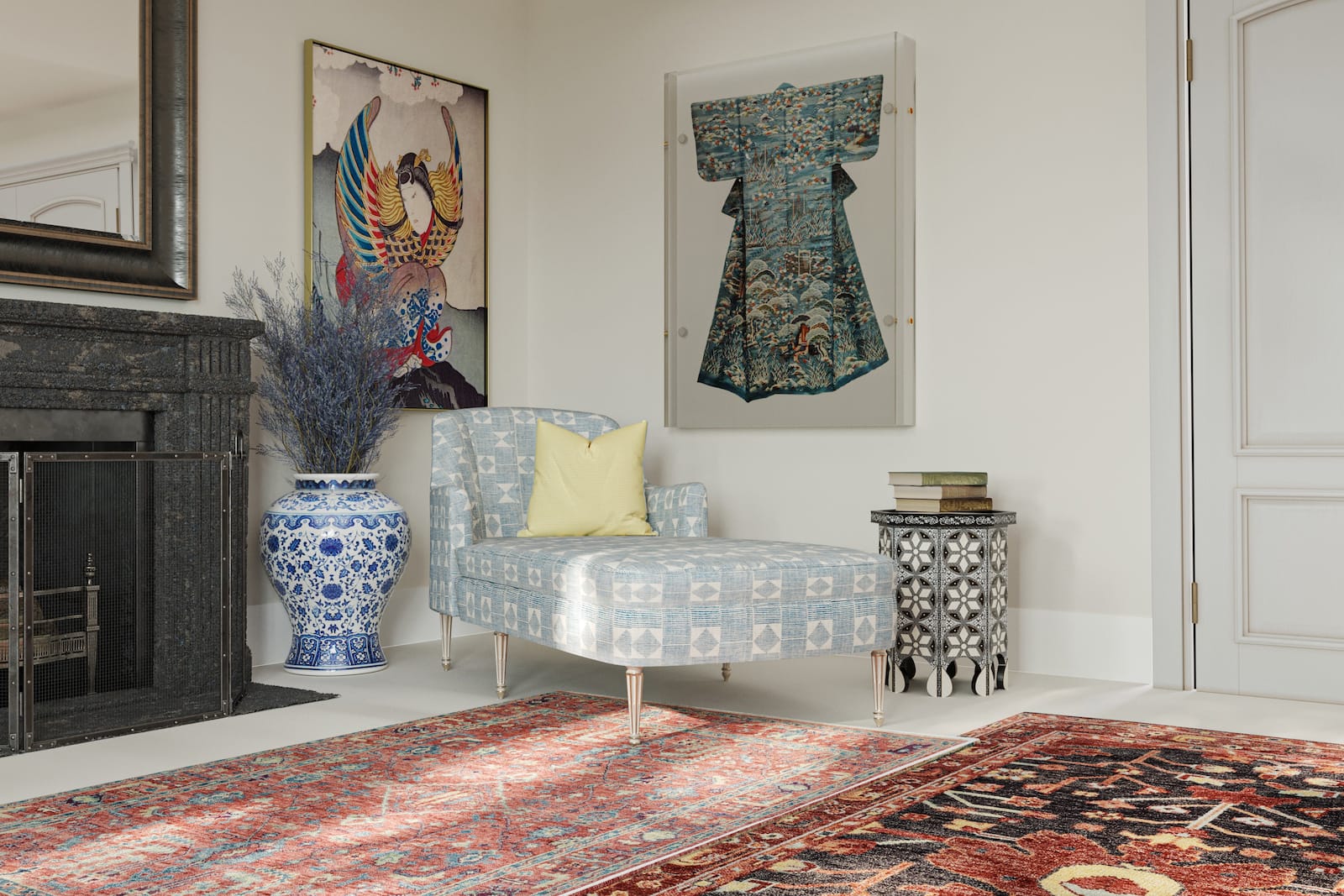 Tigranakert Rouge area rug installation in sitting room-image