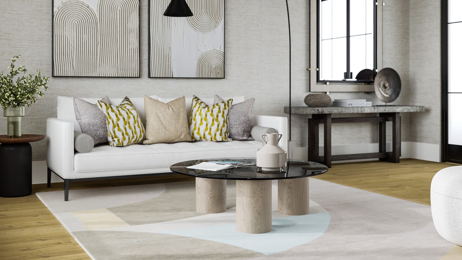 Turnstile Grey rug placed under a modern sofa room-image