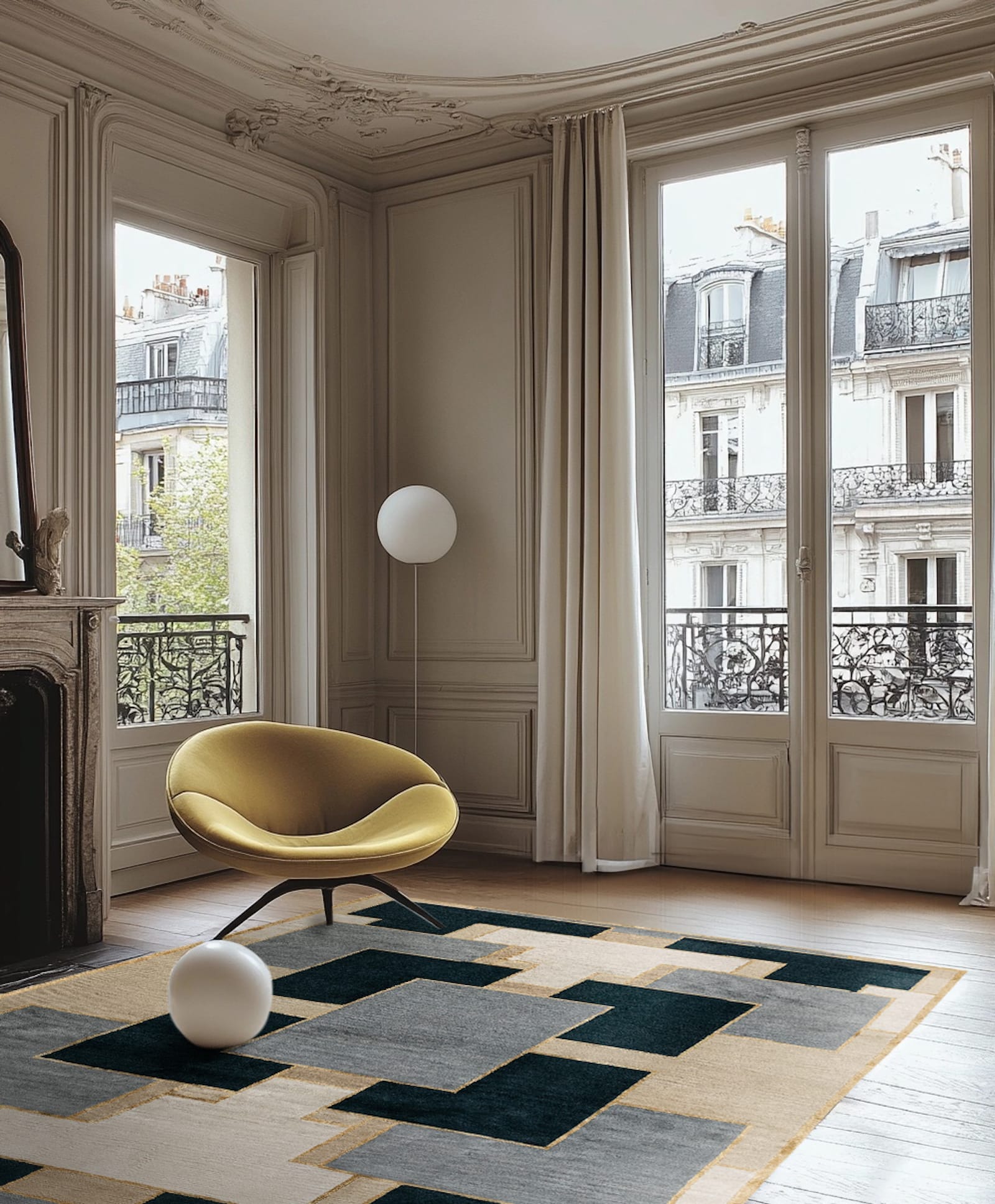 Knossos II Gold area rug installed in a transitional home room-image