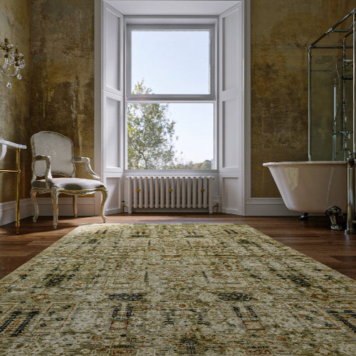 A bathroom with a Tufenkian carpet.