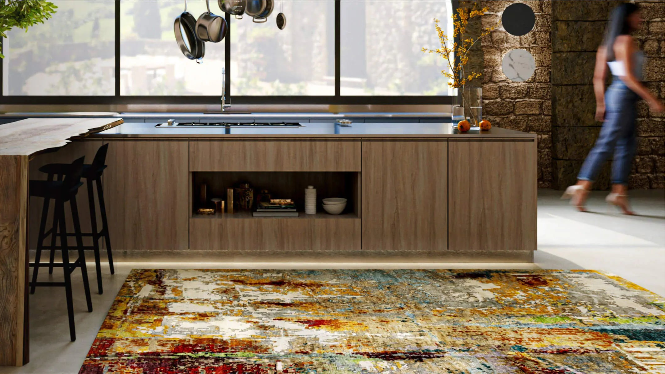 A modern kitchen with a Tufenkian carpet.