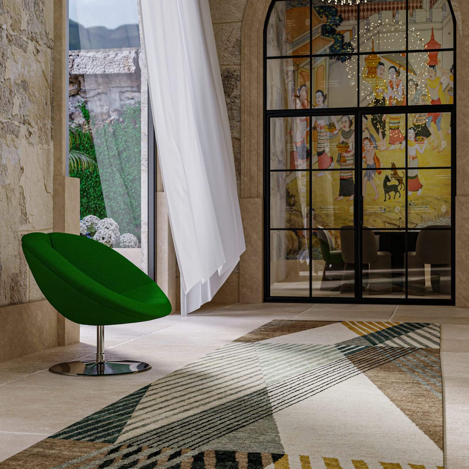 Lifestyle shot of Aalto Mist, a hand knotted rug designed by Tufenkian Artisan Carpets. room-image Lifestyle room-image