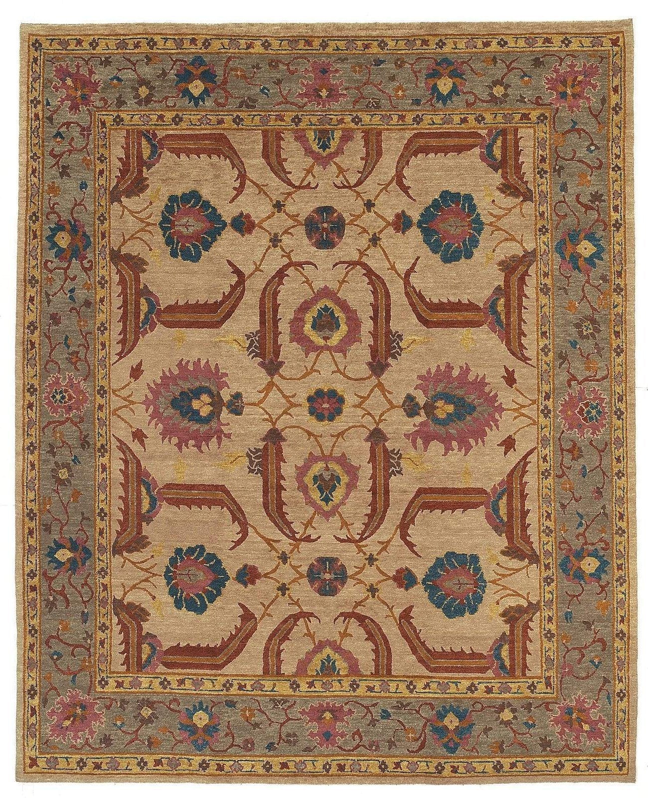 A hand-knotted beige Tibetan Kotana weave rug with floral and geometric patterns, featuring a plush pile.