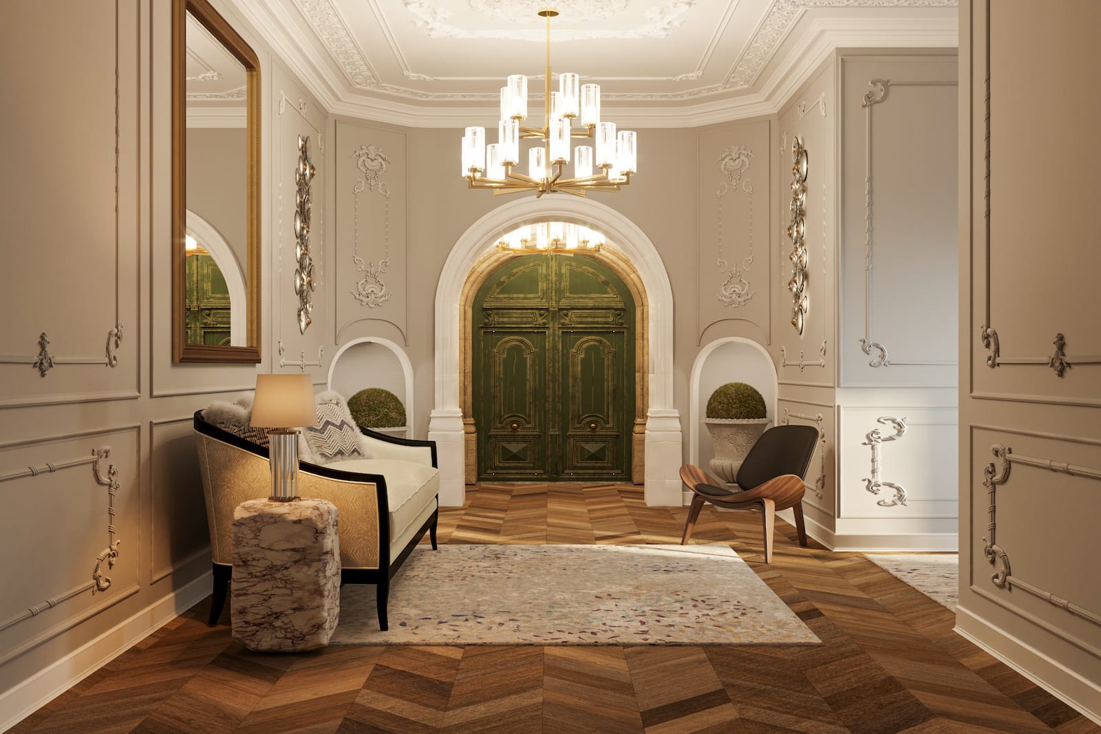 Petals Lilac area rug installed in a foyer room-image