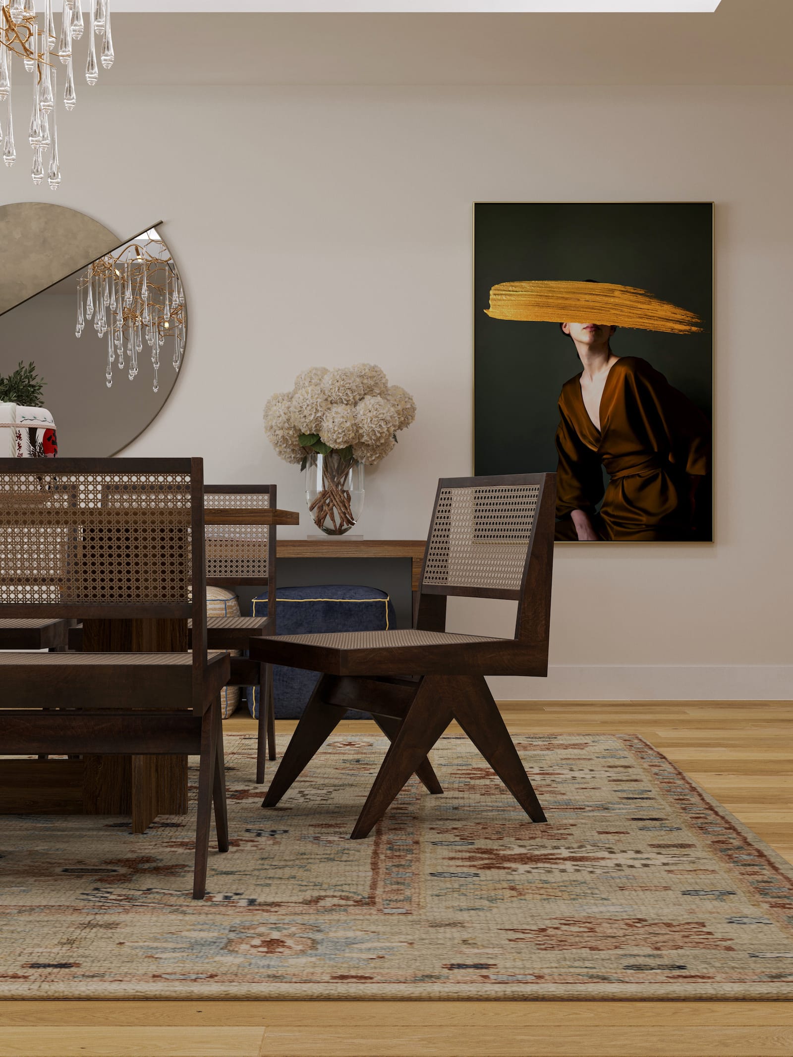 Van Light Sage hand knotted area rug installation luxury dining room-image